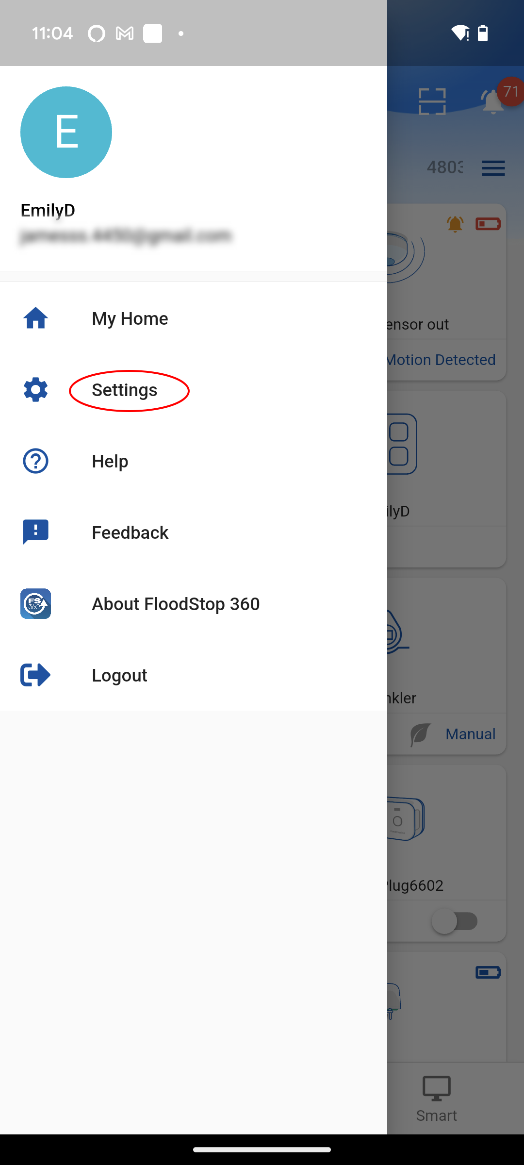 Side navigation menu opened, showing user profile and menu options. Tap Settings to open the settings page.