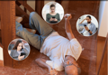 Fallen elderly man pressing the FlexFob to instantly alert family members for usage as a panic button. 