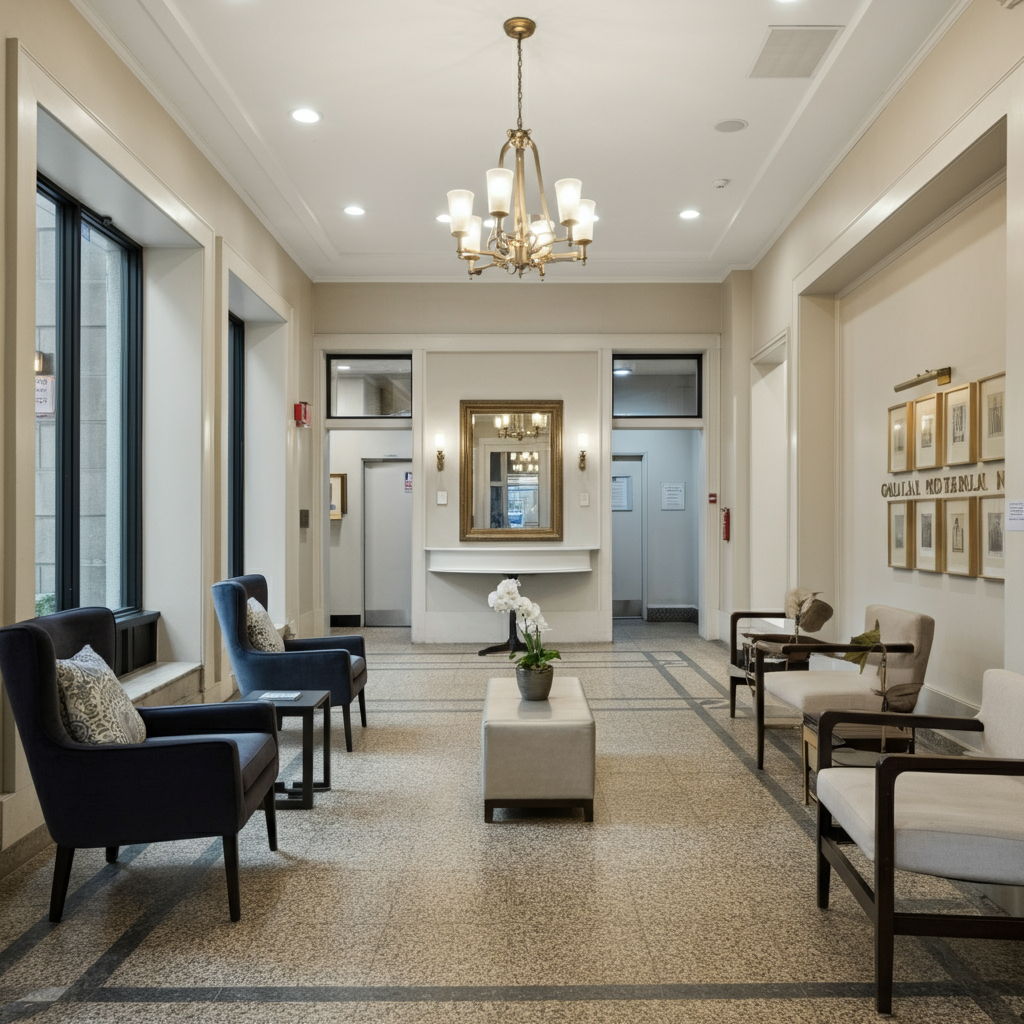 A Gold Coast building lobby where residents have collaborated on tasteful improvements, including fresh paint in a warm neutral tone, updated lighting fixtures, and elegant seating. The space demonstrates how common area enhancements can significantly impact visitor impressions.