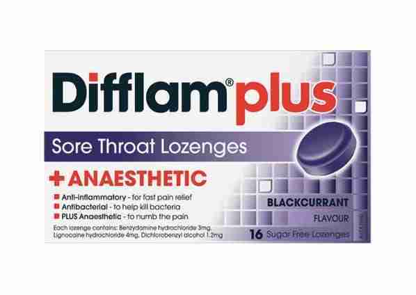 Difflam Plus Anaesthetic Blackcurrant Sugar Free 16 Lozenges