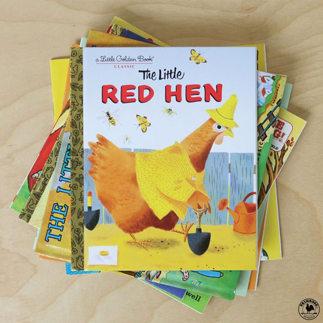 The book "The little red hen" placed on top of a pile of different books