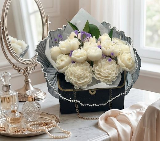 White Rose & Bergamot Soap Flower Handbag Bouquet/Arrangement