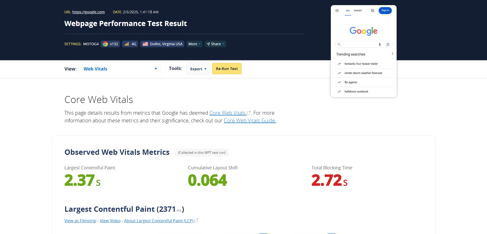 WebPageTest Core Web Vitals results for google.com