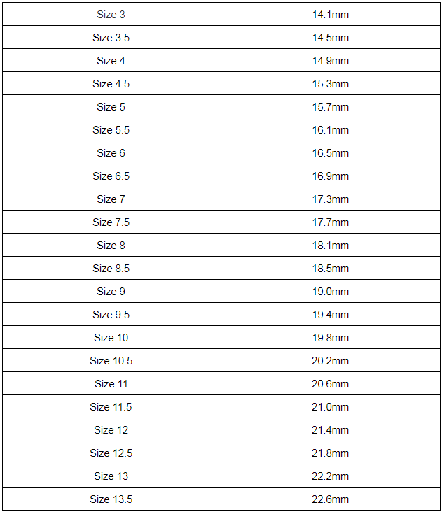 Ring chart listing sizes and mm diameters.  Size 3 14.1mm Size 3.5 14.5mm Size 4 14.9mm Size 4.5 15.3mm Size 5 15.7mm Size 5.5 16.1mm Size 6 16.5mm Size 6.5 16.9mm Size 7 17.3mm Size 7.5 17.7mm Size 8 18.1mm Size 8.5 18.5mm Size 9 19.0mm Size 9.5 19.4mm Size 10 19.8mm Size 10.5 20.2mm Size 11 20.6mm Size 11.5 21.0mm Size 12 21.4mm Size 12.5 21.8mm Size 13 22.2mm Size 13.5 22.6mm