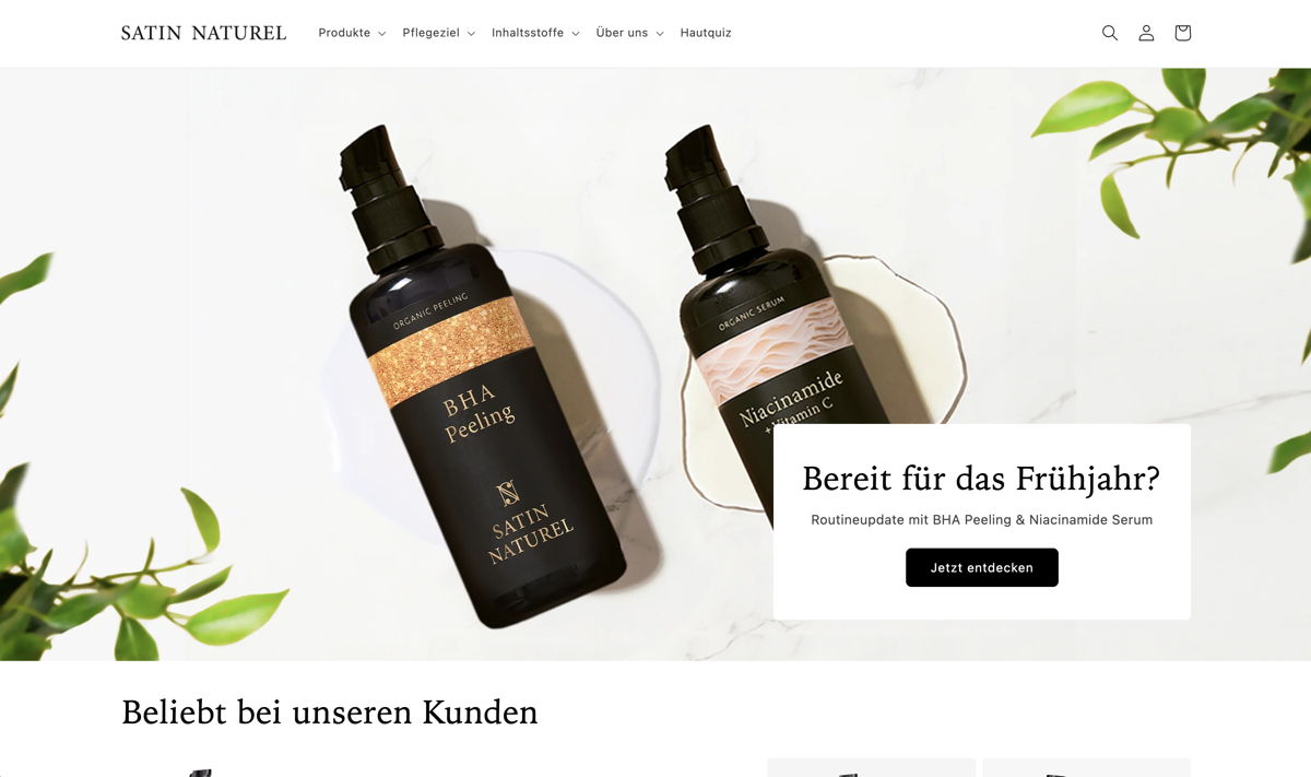 Screenshot of Satin Naturel, from the shopify beauty stores collection.