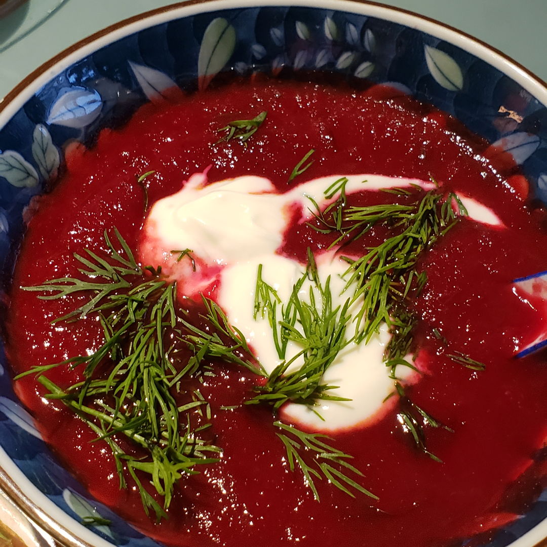 borscht soup made with  roasted local beets and carrots