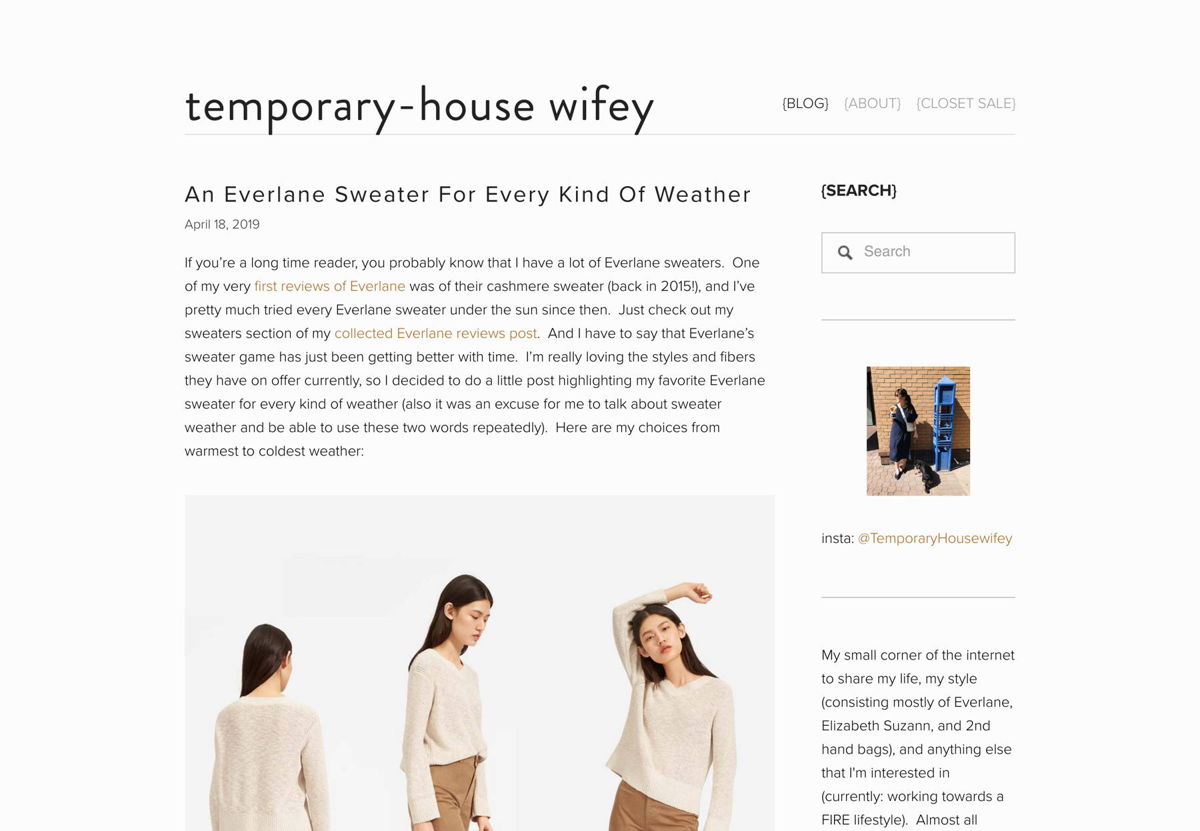Screenshot of Temporary-House Wifey, from the squarespace blog examples collection.
