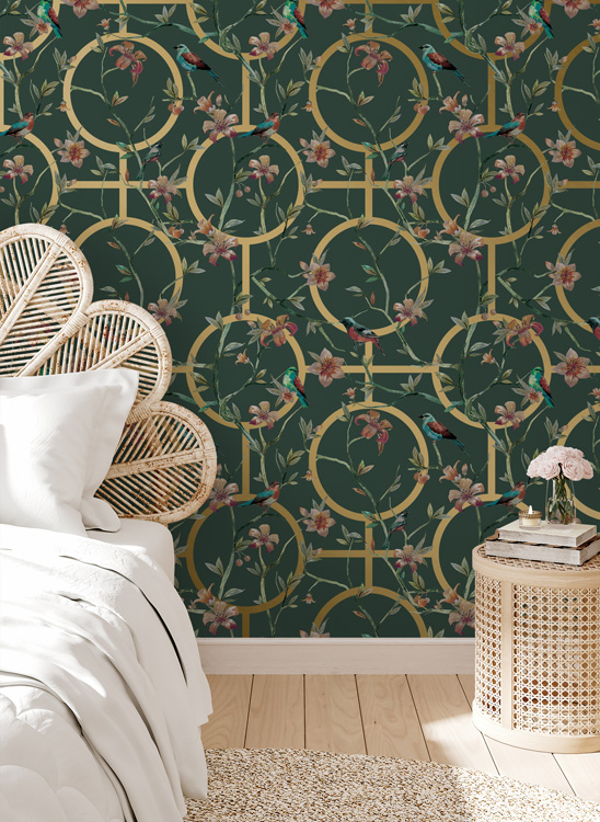 Green & gold luxury floral geometric wallpaper - Feathr™ Wallpapers