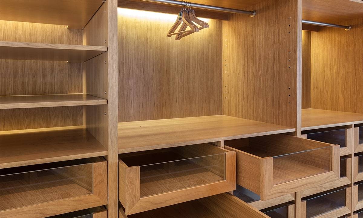 DIY residential shelving project built with Plyco's American Walnut on Birch plywood panels