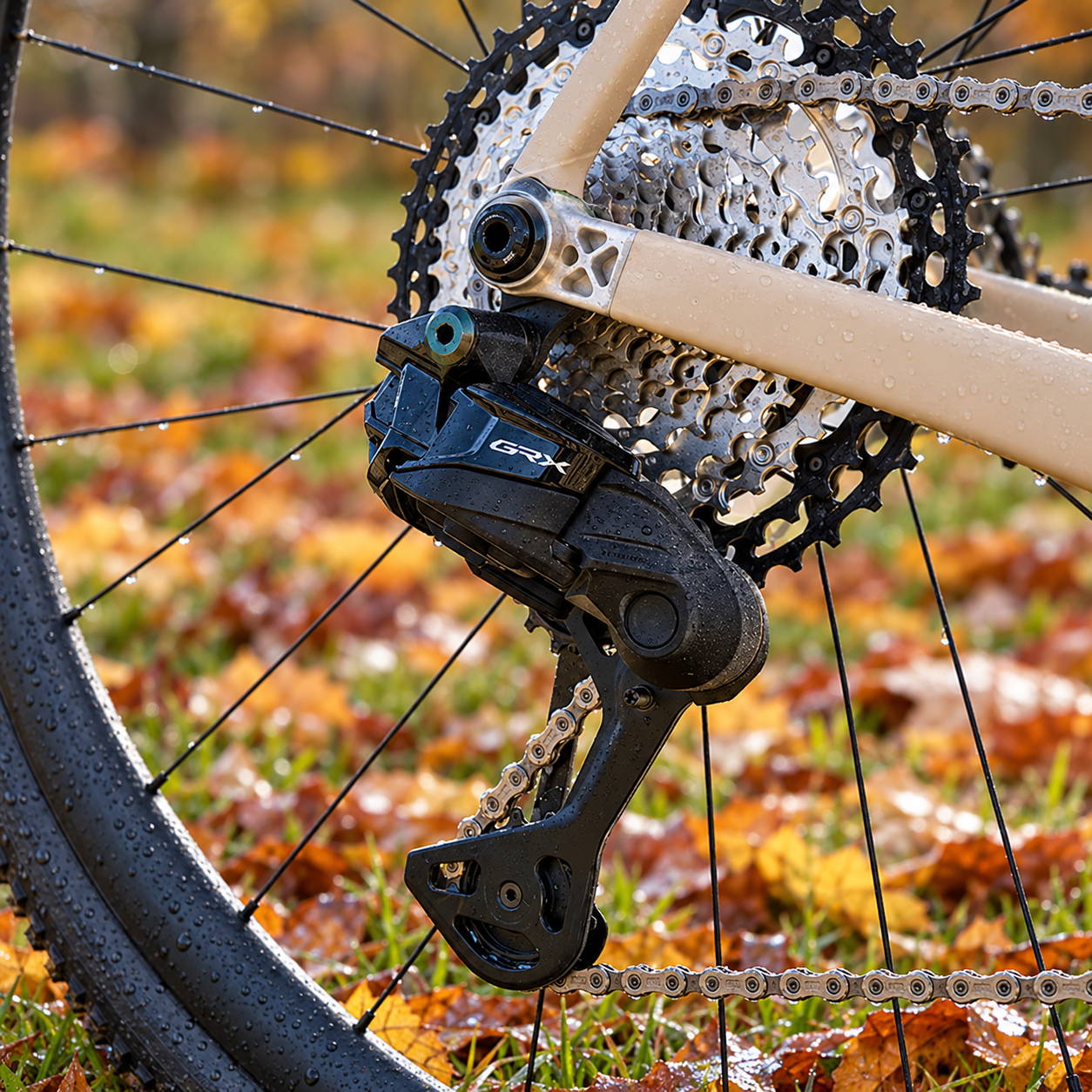 Dérailleur Shimano GRX sur un vélo parmi des feuilles d'automne mouillées