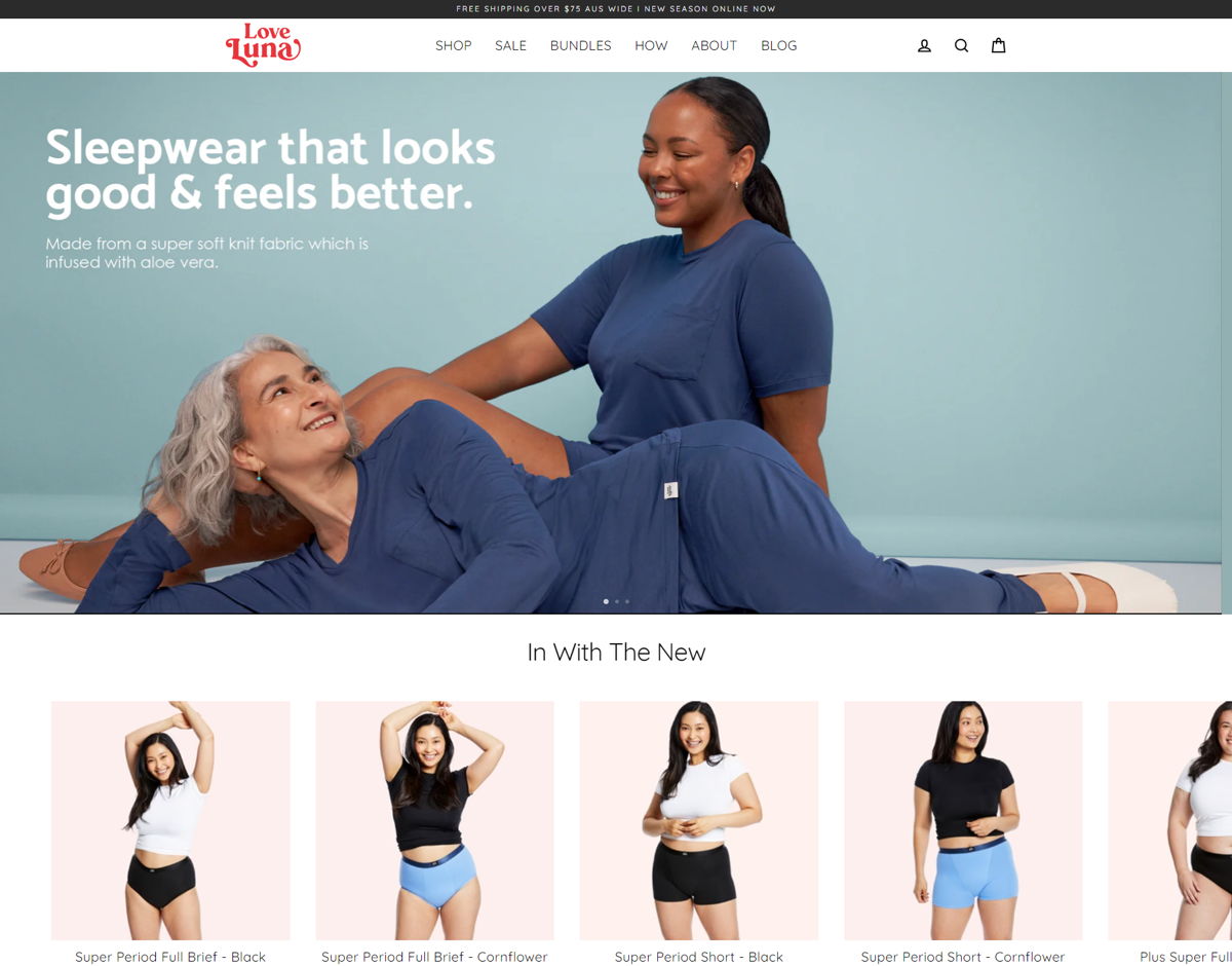 Screenshot of Love Luna, from the shopify clothing stores collection.