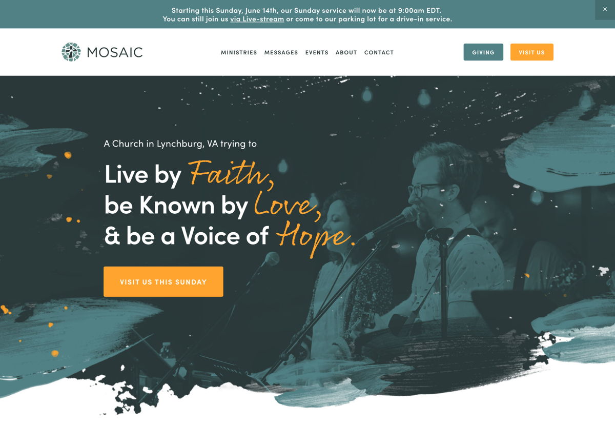 Screenshot of Moasiac, from the squarespace church websites collection.