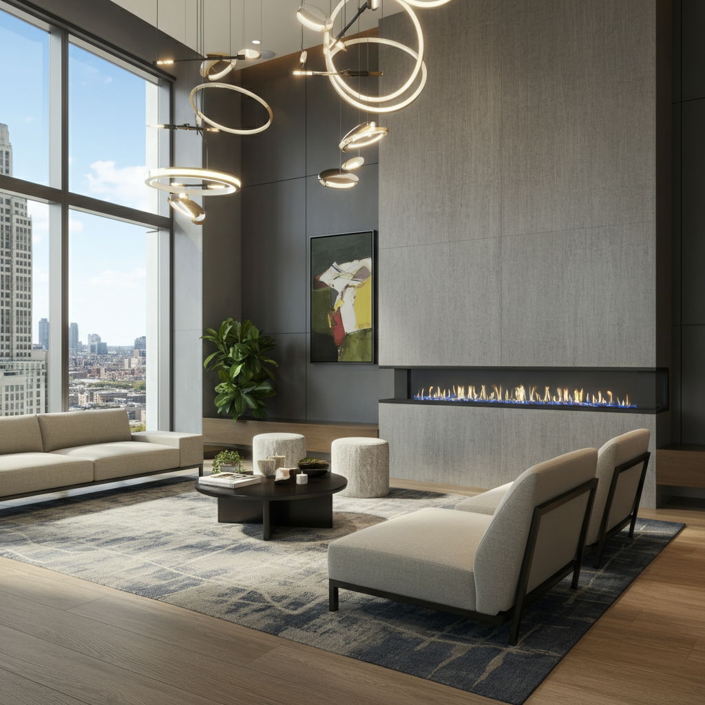 Streeterville high-rise amenity space featuring a resident lounge with designer furniture, a fireplace feature wall, and panoramic city views. The contemporary space showcases the premium shared facilities that have become essential selling points for luxury condominiums in this vertical neighborhood.