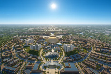 Aerial view of a modern urban development with a large golden dome structure at the center, surrounded by buildings, green spaces, and solar panels.