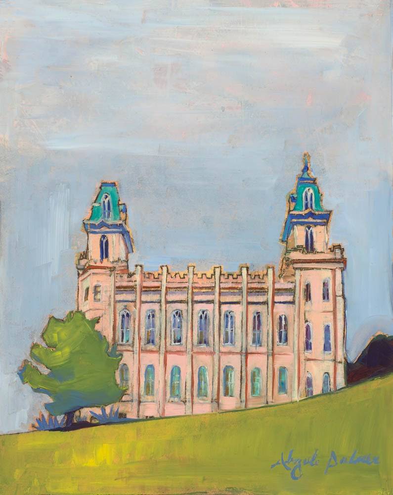 Painting of the Manti LDS Temple from the side.