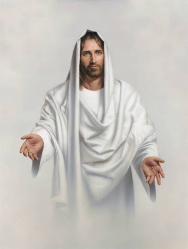 Jesus in a white robe with arms outstretched toward the viewer. 
