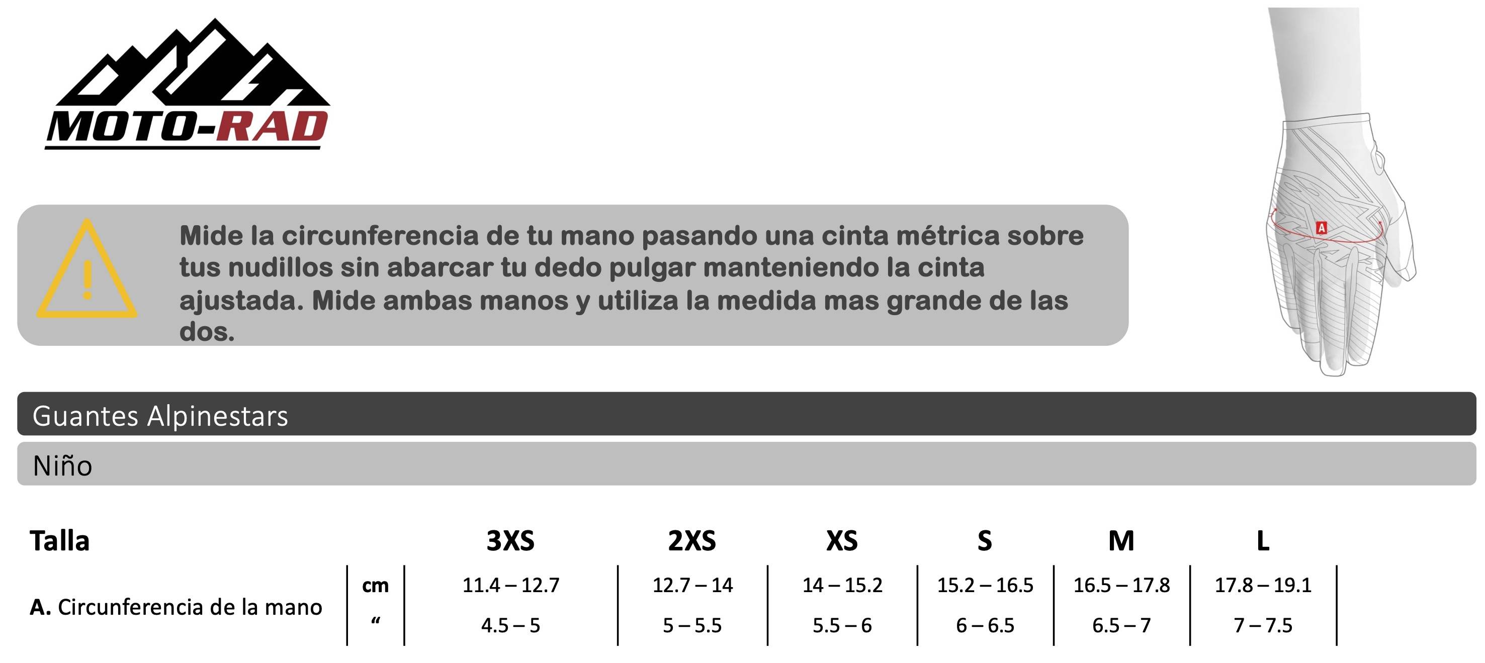 Guia de Tallas Guantes MX para Niño Alpinestars