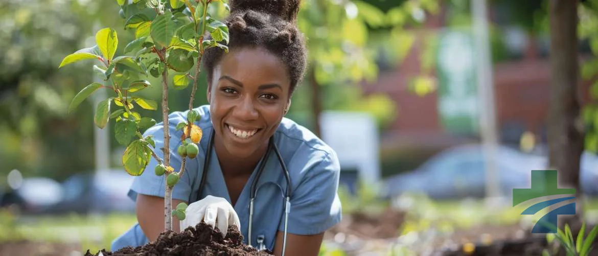 A travel nurse joyfully plants a tree outside a hospital for sustainability.