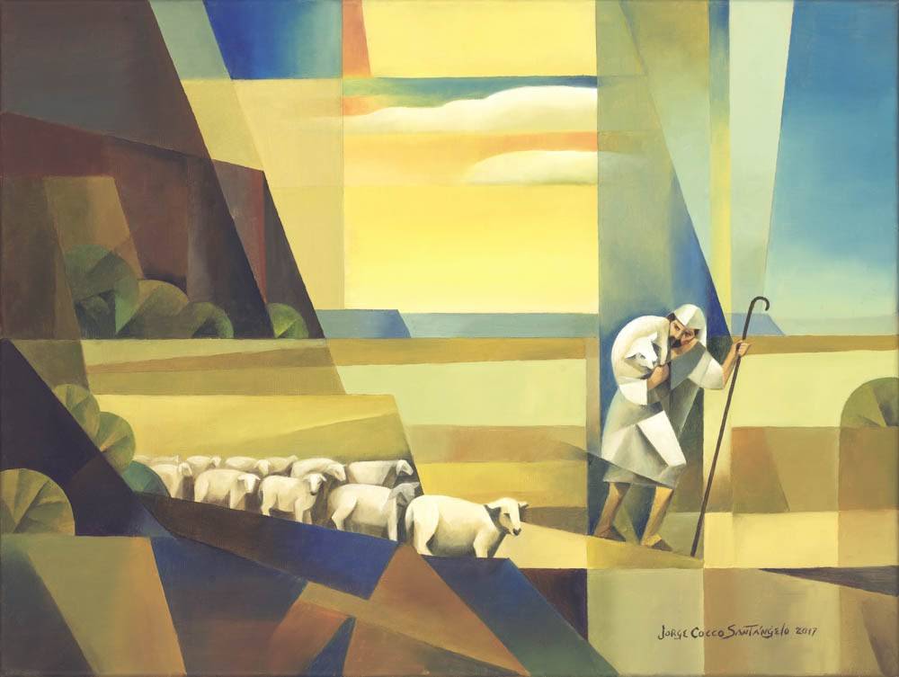 Modern lds painting of shepherd leading his flock.