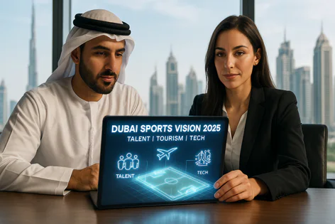 Man and woman view tablet showing "Dubai Sports Vision 2025" plan (talent, tourism, tech) with Dubai skyline backdrop.