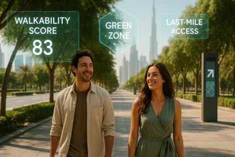 Smiling man and woman walk together on a paved path lined with trees in an urban park with city skyline in background. Overlays show Walkability Score 83, Green Zone, and Last-Mile Access.