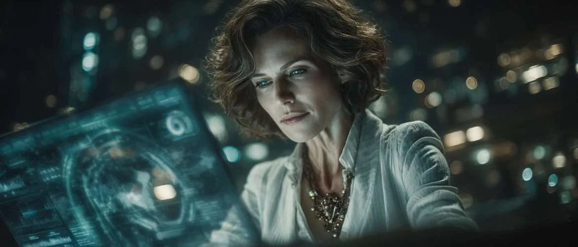 Healthcare executive analyzing workforce data via futuristic holographic displays.