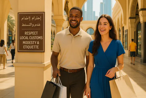 Smiling couple walks outdoors with shopping bags past a sign reading 'Respect Local Customs Modesty & Etiquette' in an arched passage.