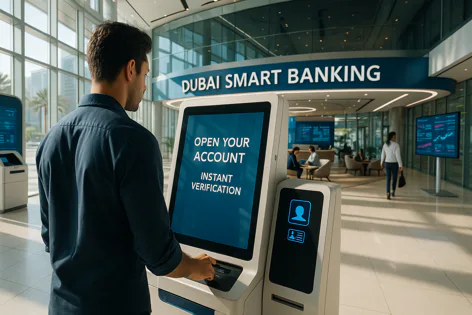 A man uses a self-service kiosk to open a bank account with instant verification in a modern Dubai Smart Banking lobby.
