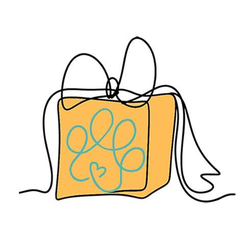 Line drawing of present with bow and has paw print on the side