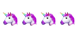 4 unicorn head emojis with purple mane.