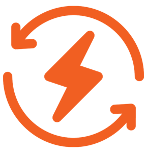 An orange lightning bolt is centered inside a circular arrow, symbolizing energy, electricity, or renewable power.