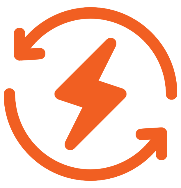 An orange lightning bolt is centered inside a circular arrow, symbolizing energy, electricity, or renewable power.