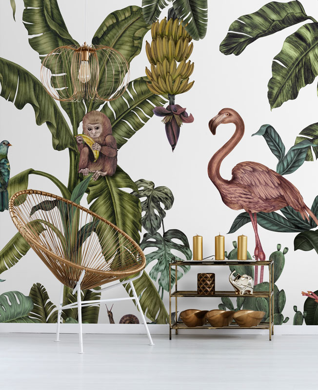 Green & White Exotic Bird Monkey Jungle Mural hero image