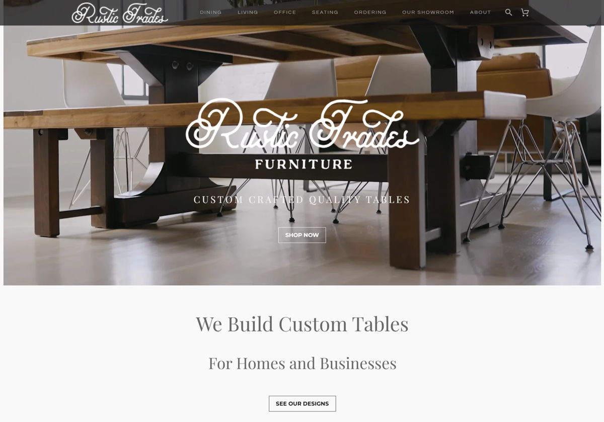Screenshot of Rustic Trades Furniture , from the shopify furniture stores collection.