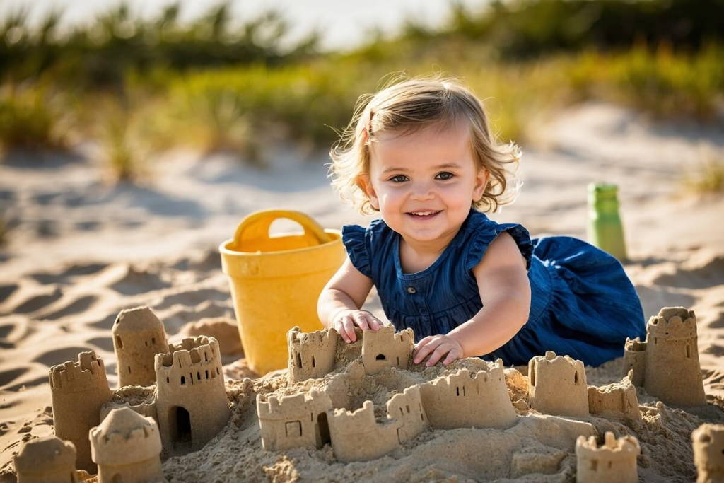 Little girl enjoying at the beach and making sand castles.