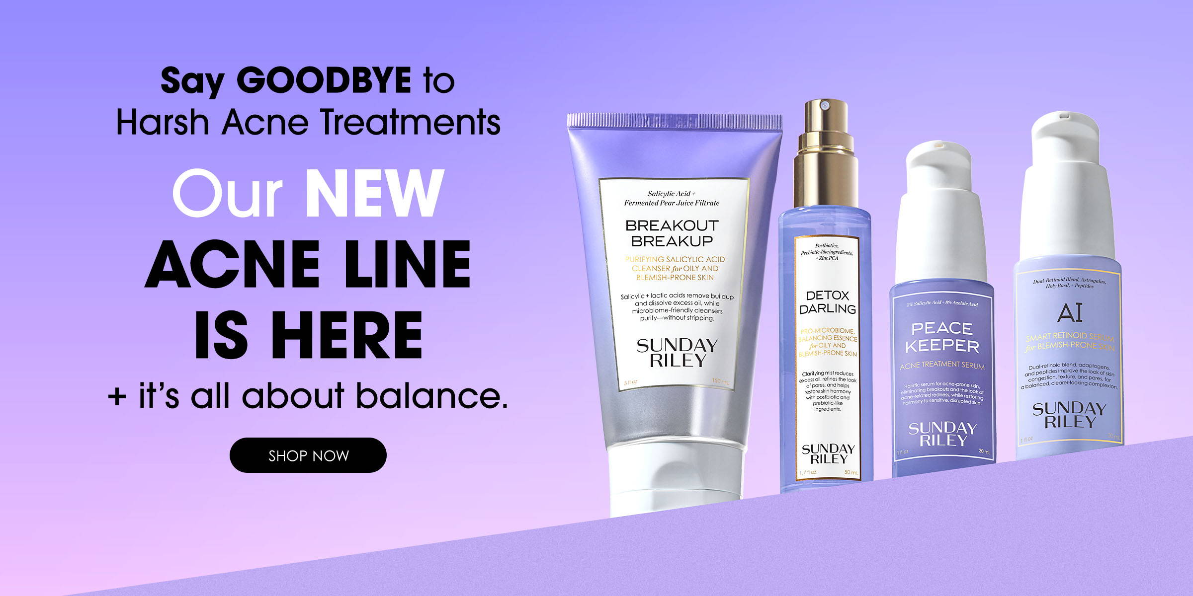 A promotional banner for Sunday Riley's new Aquamarine Melt Hydrating Gel-Balm Cleanser. The ad features a close-up of a woman with makeup melting off her face as she uses the cleanser, alongside a sleek product bottle. The text highlights its ability to dissolve makeup and impurities while leaving the skin glowing. The background is a fresh aquamarine color, complementing the product's branding.