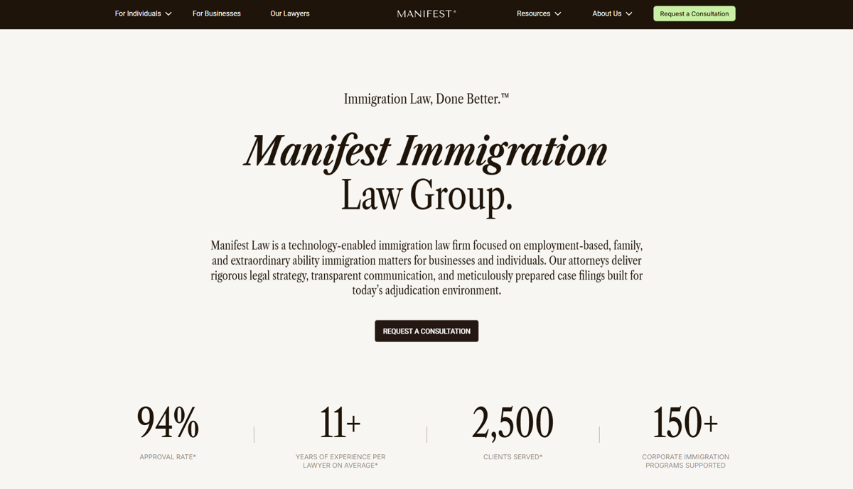 Screenshot of Manifest Law, from the brochure websites collection.