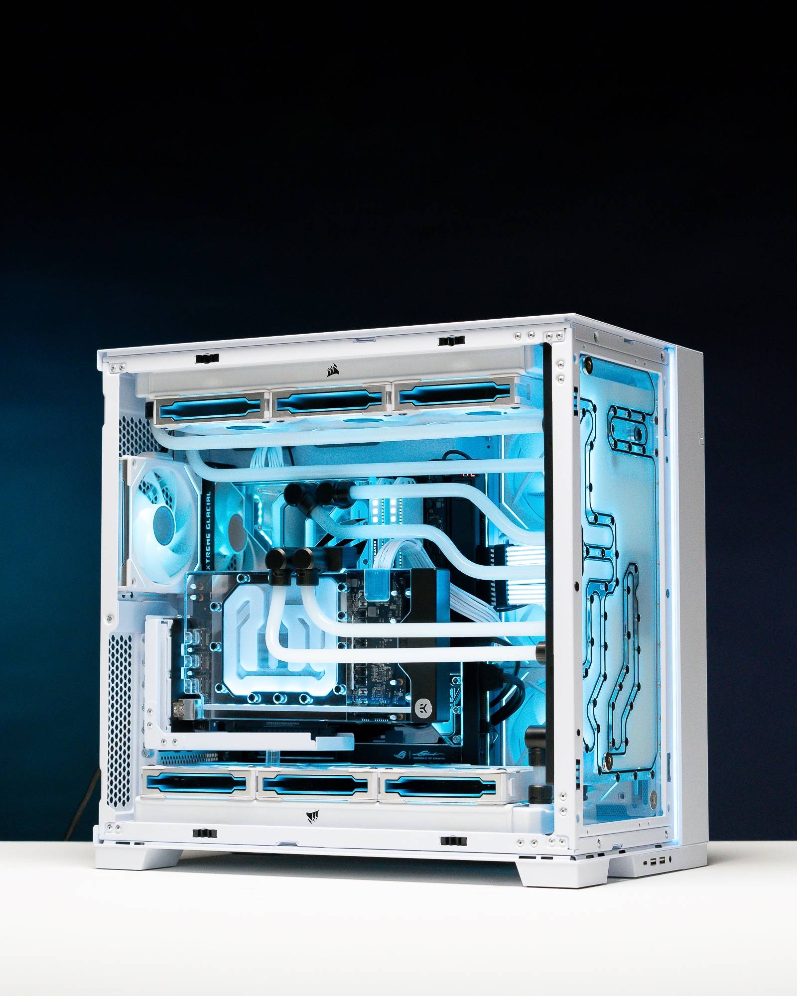 A fully water blue themed water cooled pc