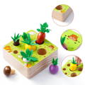A colorful smooth-edged wooden toy for kids with green panting, a painted hamster, and vegetables. 