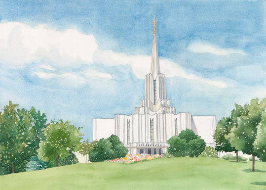 Painting of Jordan River temple on a grassy hill. 