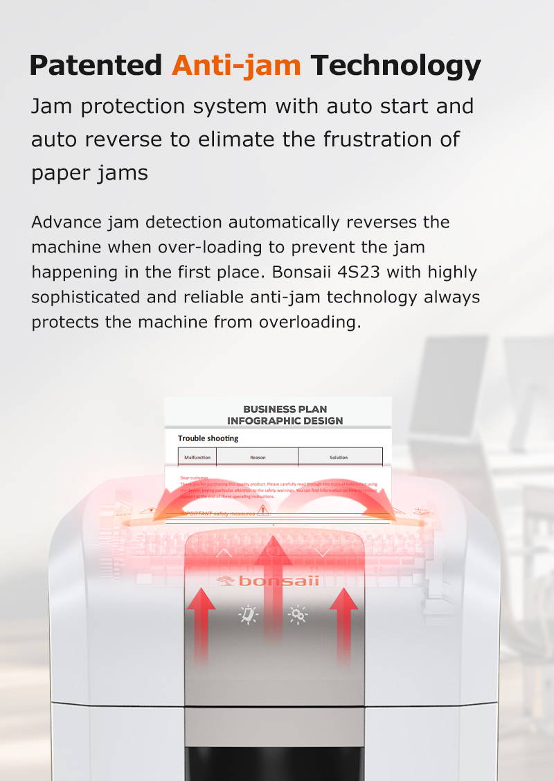 Patented Anti-jam Technology  Jam protection system with auto start and auto reverse to elimate the frustration of paper jams  Advance jam detection automatically reverses the machine when over-loading to prevent the jam happening in the first place. Bonsaii 4S23 with highly sophisticated and reliable anti-jam technology always protects the machine from overloading.