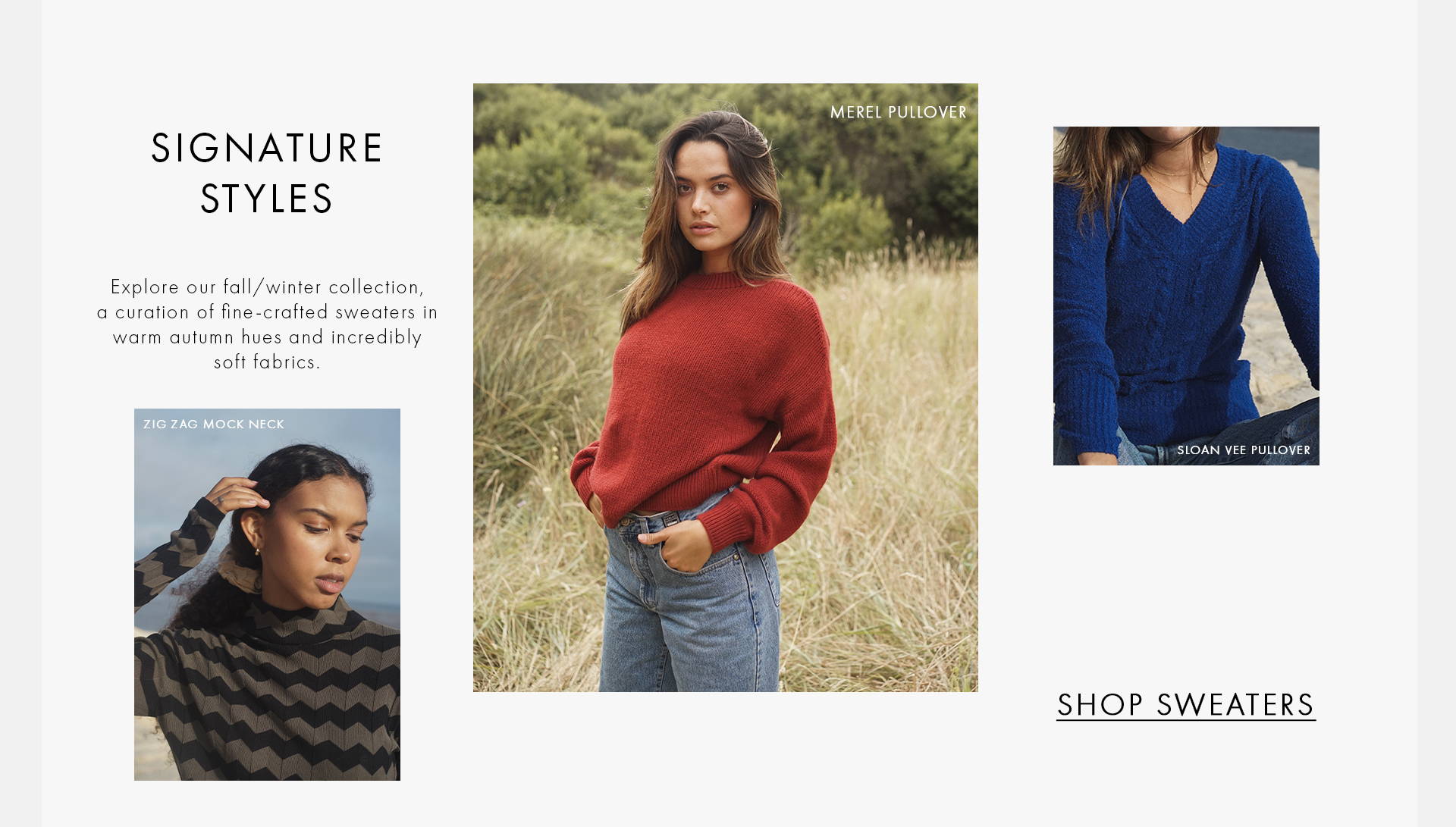 Signature Styles: Explore our fall/winter collection, a curation of fine-crafted sweaters in warm autumn hues and incredibly soft fabrics text on an image including 