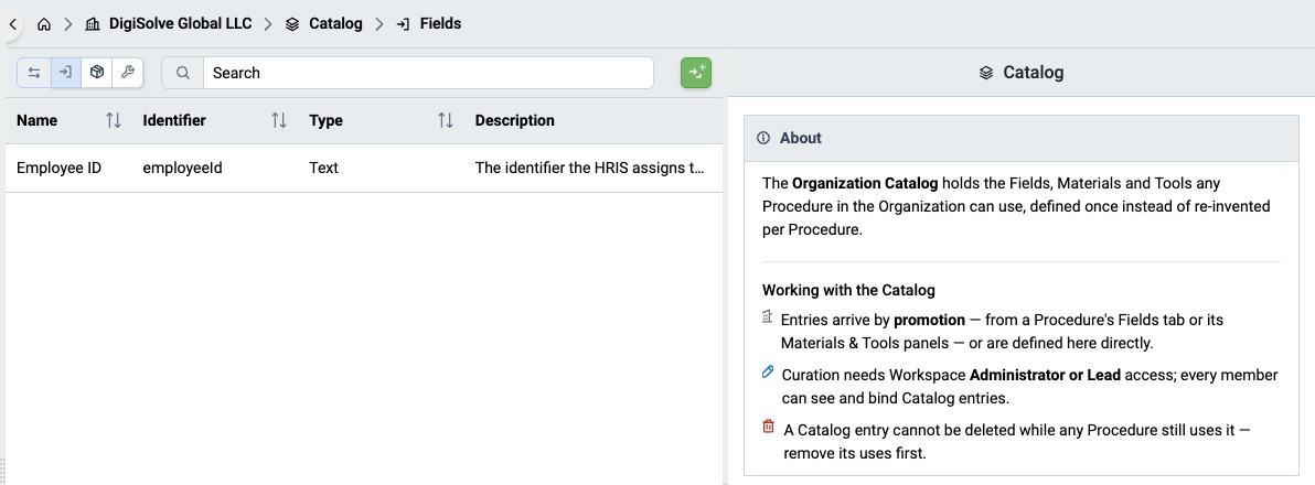Organization Catalog listing Fields, with its About panel