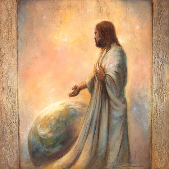 Gentle painting of Jesus in a white robe, motioning toward the Earth.