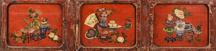 Detailed hand painting imagery of vases and scholarly objects from an antique Chinese sideboard