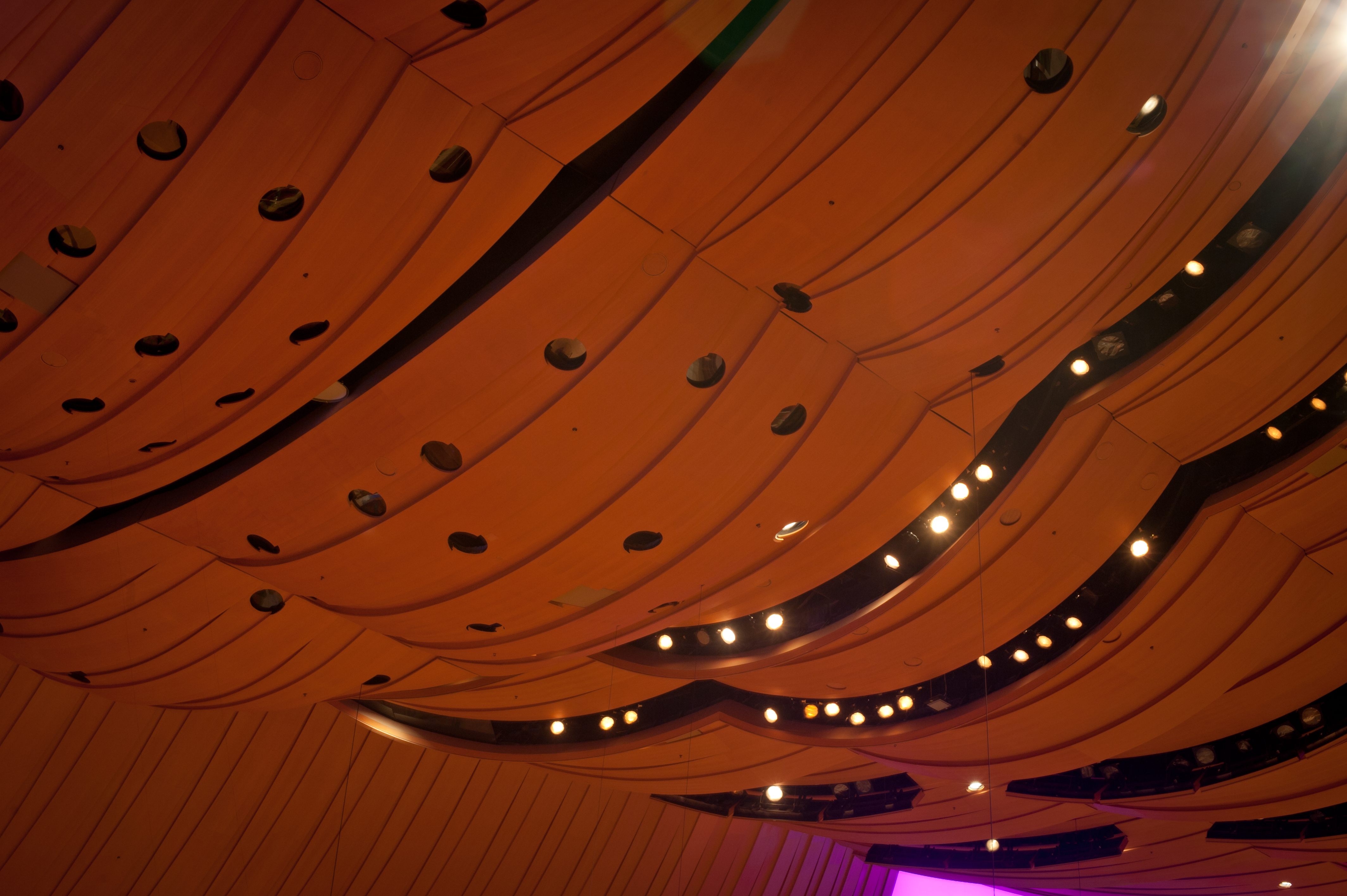 Techo del auditorio del Walt Disney Concert Hall con efecto de cinta para mejorar la acústica