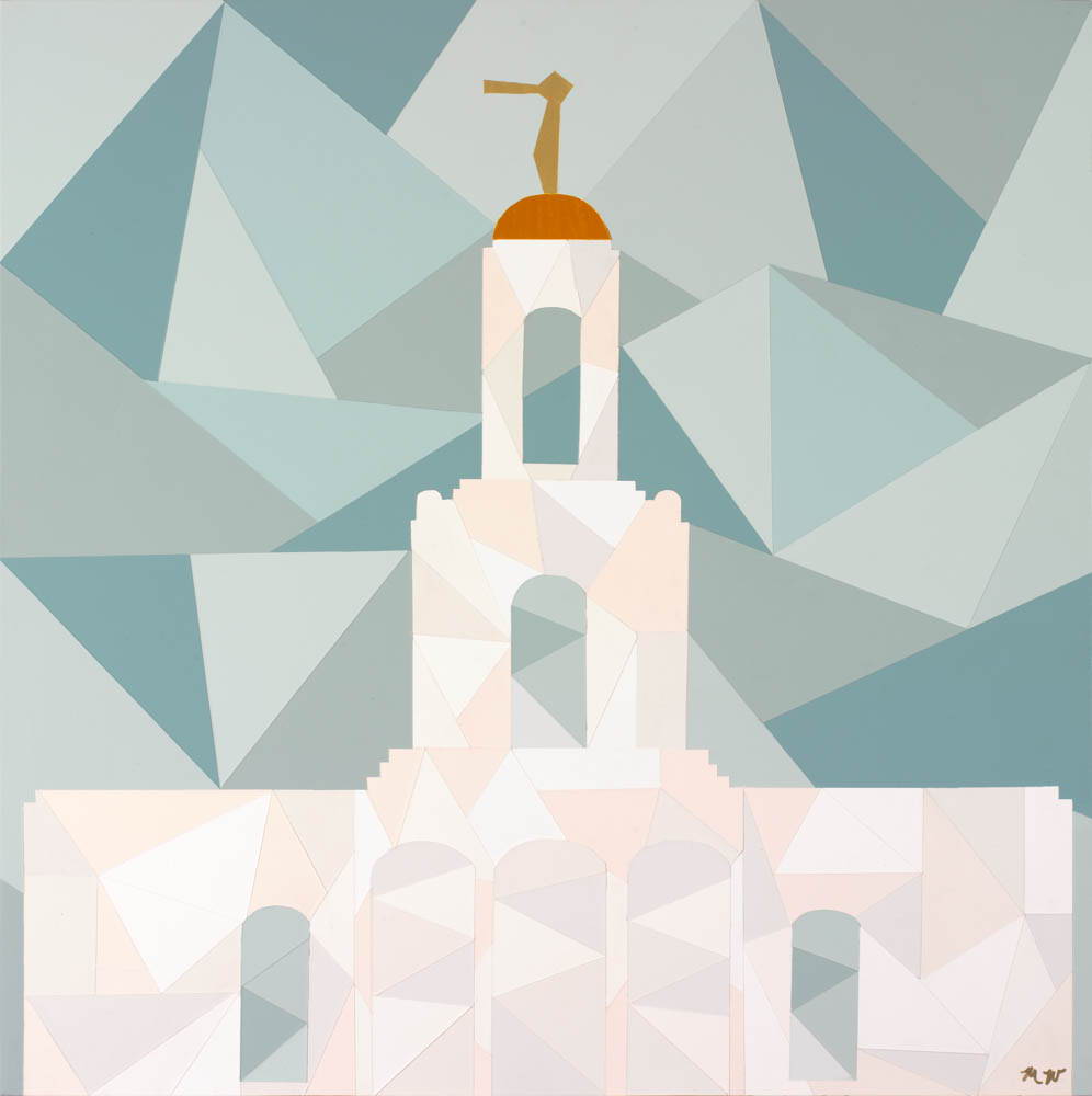 Painting of the Newport Beach California Temple formed by triangles.