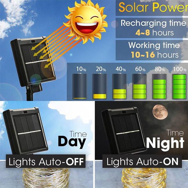 Solar fairy lights for outdoor powered by solar power, use with remote control. Warm LED light solar fairy lights.
