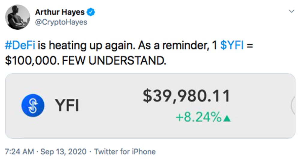 Screenshot of a tweet by Bitmex CEO Arthur Hayes