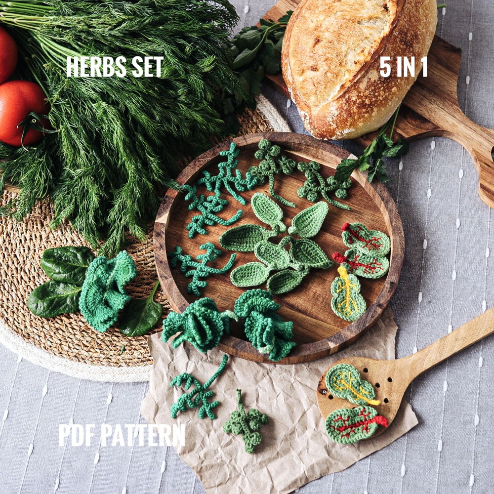 HERBS crochet pattern PDF - Dill, Parsley, Beet leaves, Kale, Spinach. Greens crochet patterns. Crochet food pattern.